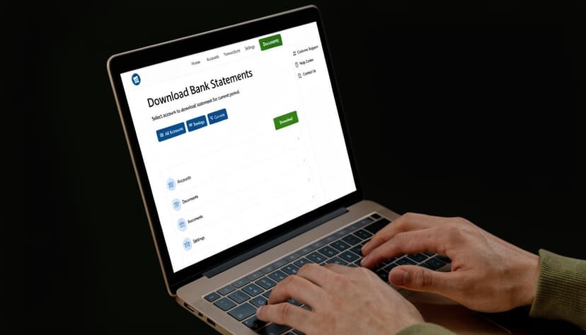 A person using a laptop to view a bank statement download page on a dark background.