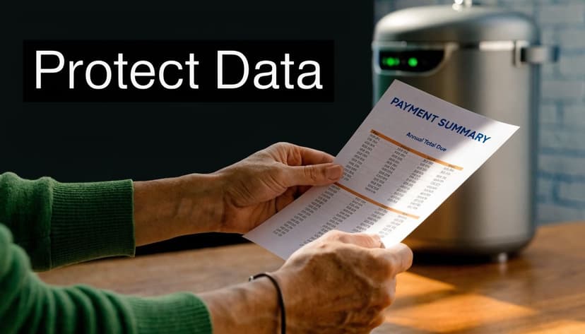 A person holds a paper payment summary document in front of a paper shredder for data protection.