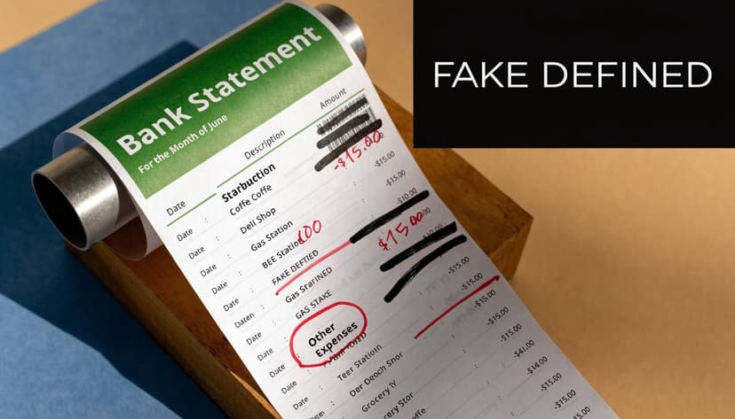 A prop bank statement showing edited, misspelled entries and red handwritten notes on a wooden surface.