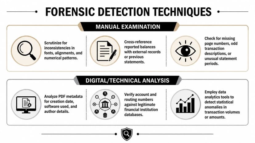 A visual guide outlining manual and digital forensic detection techniques for identifying potential fraudulent bank statements.
