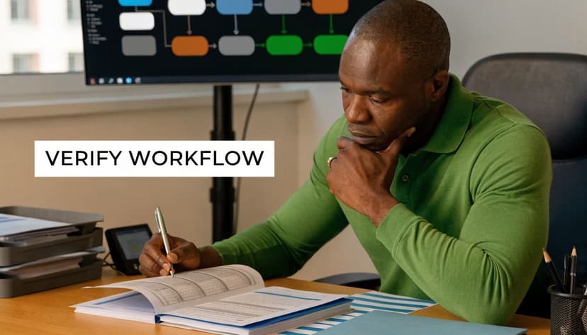 A focused professional in a green shirt studies a financial document while sitting at his desk.