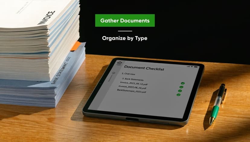 A digital tablet displaying a document checklist beside a large stack of paper invoices and bank statements.