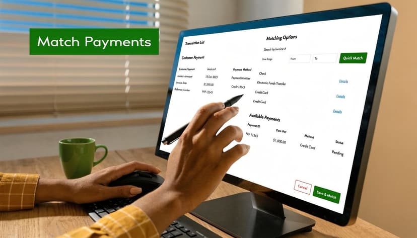 A person using a desktop computer to reconcile an invoice and match payments in financial software.