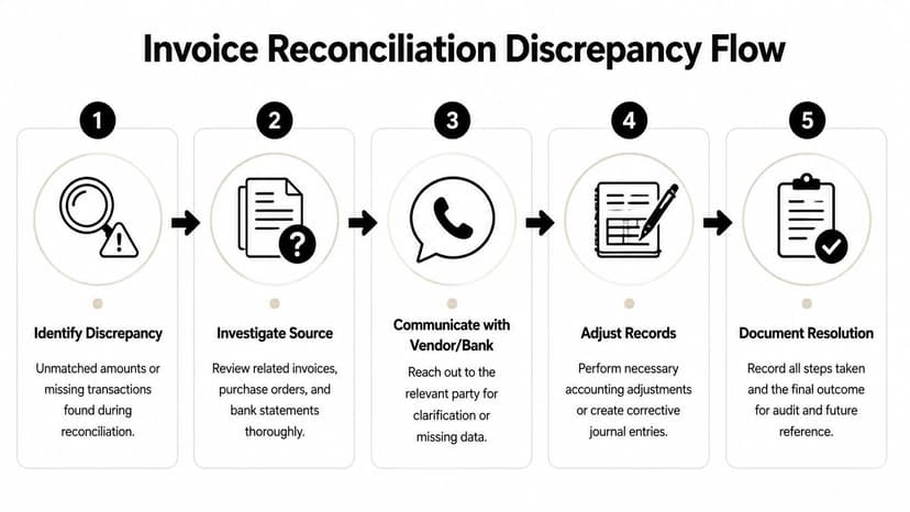 A five-step flowchart illustrating the standard process for resolving invoice reconciliation discrepancies in business accounting.