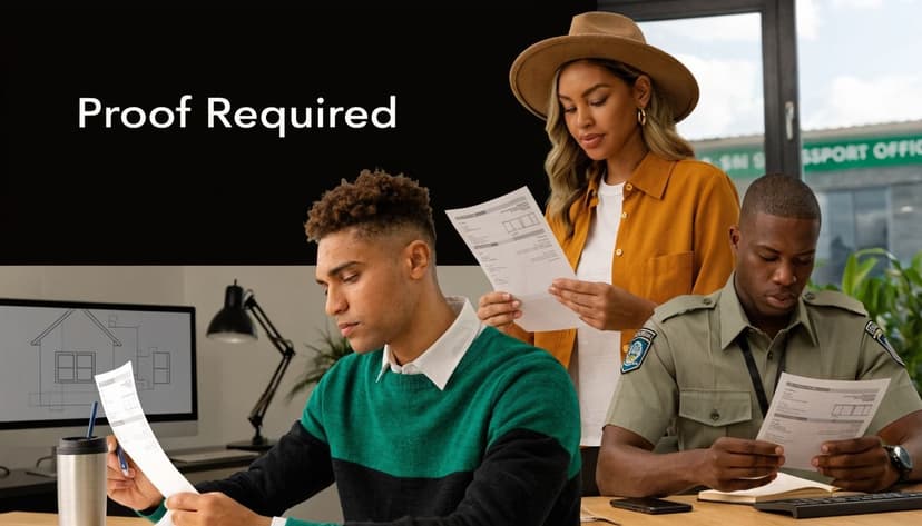 A woman and two men in an office looking at documents representing proof of income.