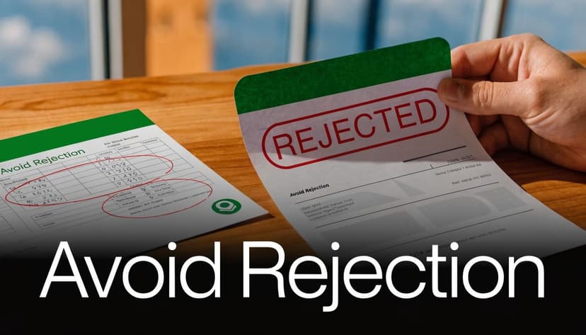 A hand holding a document stamped with the word Rejected next to a financial form.