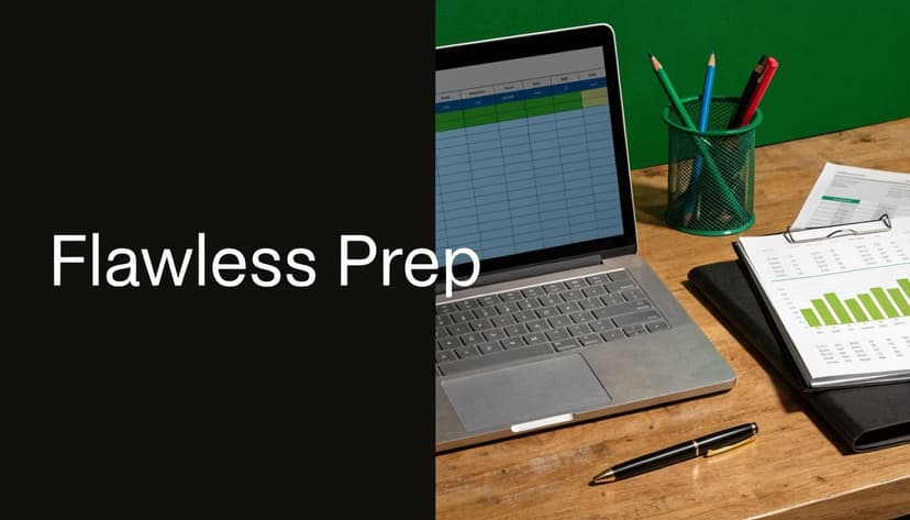 A modern laptop on a wooden desk with a spreadsheet, office supplies, and financial report papers.