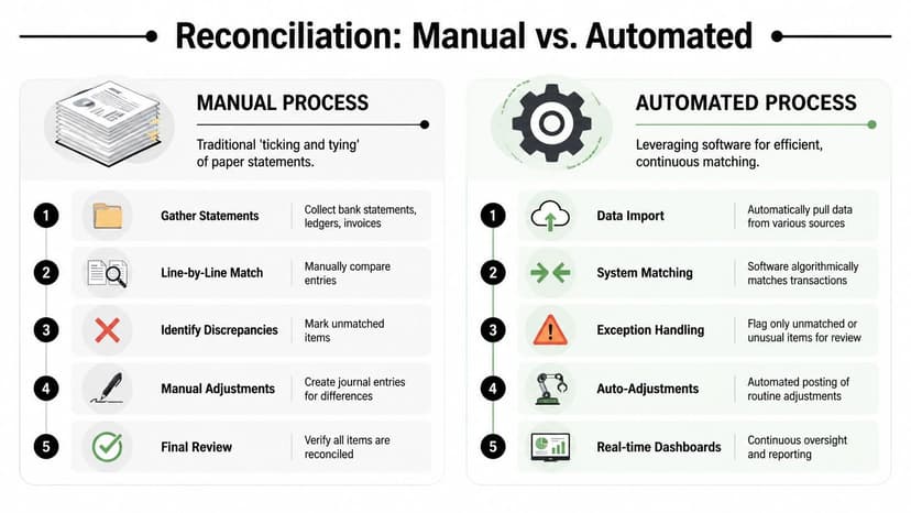 A comparison infographic showing the five steps of manual reconciliation versus the automated reconciliation process.