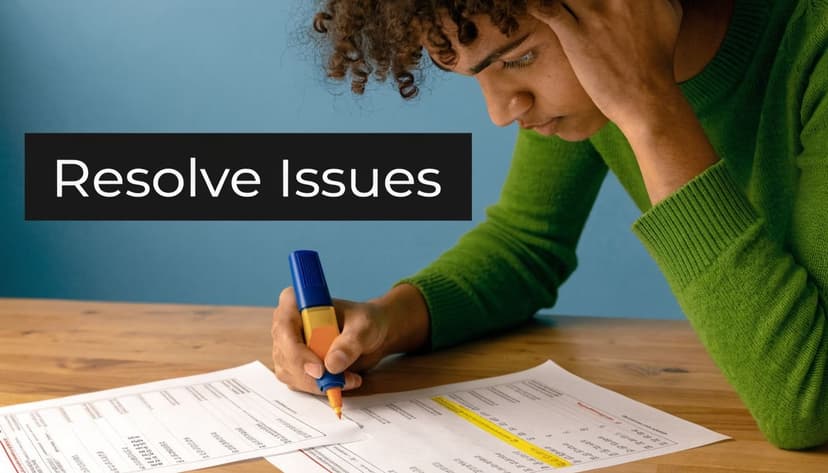 A person in a green sweater highlighting a document while resolving financial reconciliation issues.