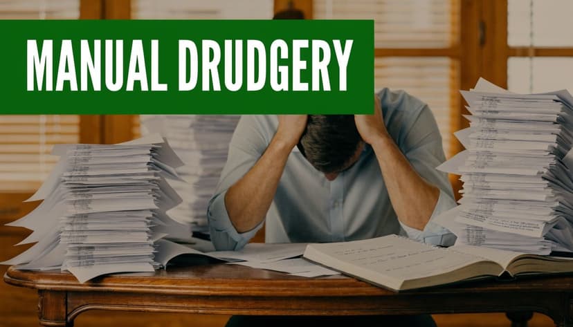 A person sitting at a desk overwhelmed by massive piles of paper documents and files.