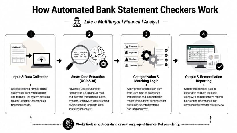 A four-step infographic illustrating how automated bank statement checker software processes financial records using AI and OCR technology.