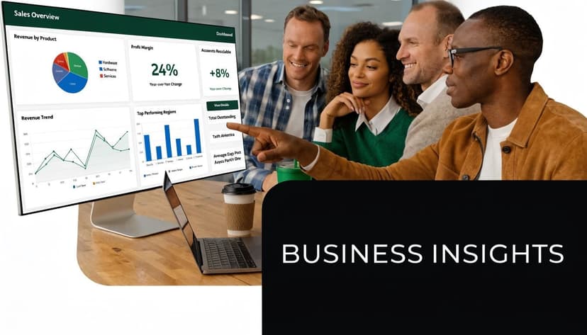 A diverse business team collaborating on financial analytics while reviewing a digital sales dashboard on a large monitor.