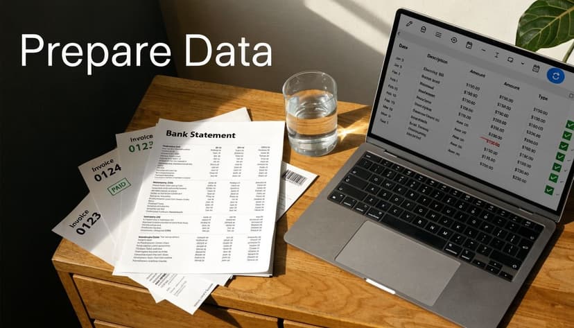 A laptop and paper bank statements on a wooden desk to help reconcile accounts.