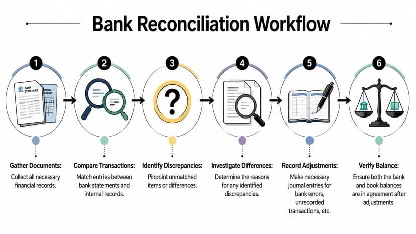 A six-step infographic showing the professional bank reconciliation workflow process from gathering documents to verifying final balances.