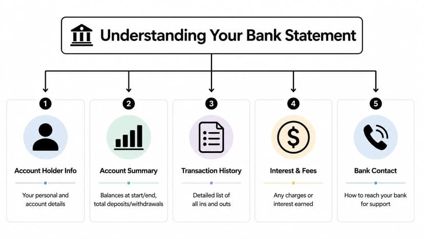 An infographic titled Understanding Your Bank Statement, detailing five key components found on bank statements.