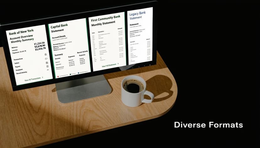 A computer screen showing various bank statement formats on a desk next to a cup of coffee.