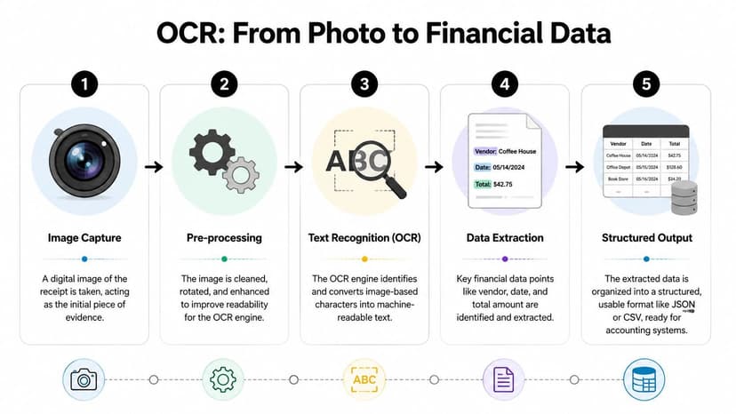 A five-step diagram showing the process of turning a receipt photograph into structured financial data.