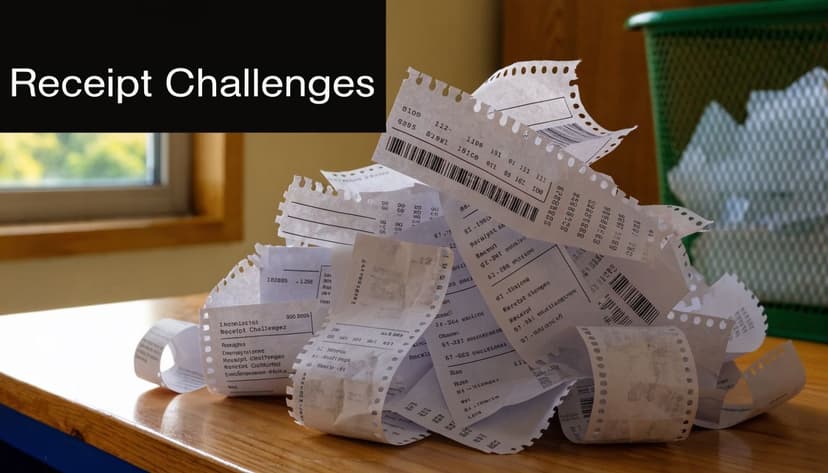 A pile of wrinkled and messy paper receipts sitting on a wooden desk next to a bin.