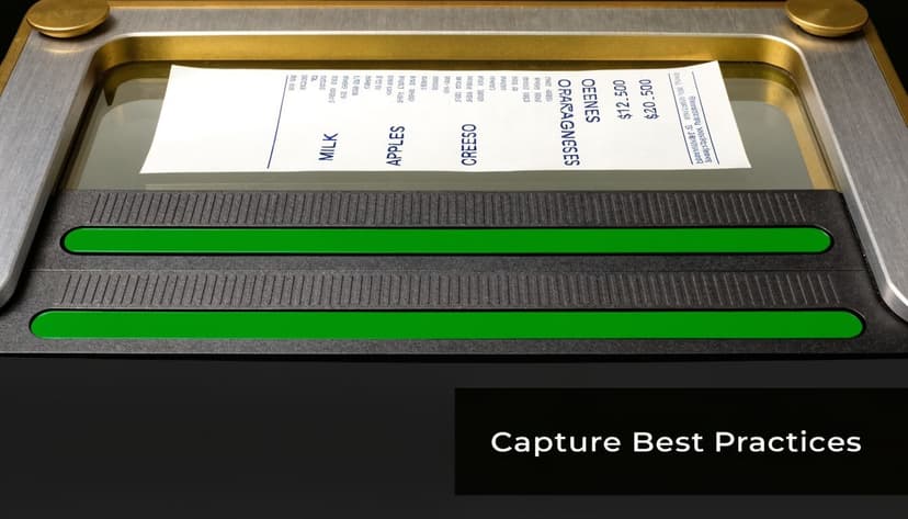 A close up view of a document scanning device with a printed grocery receipt being processed.