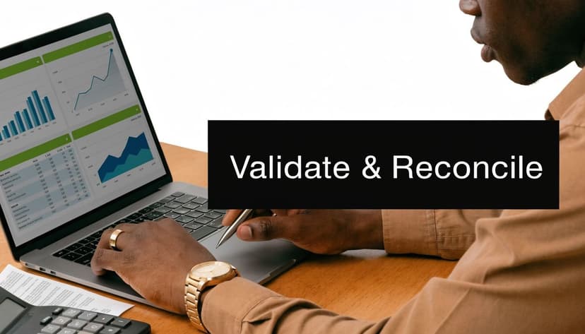 A professional analyzing financial data and charts on a laptop while reconciling records at a desk.