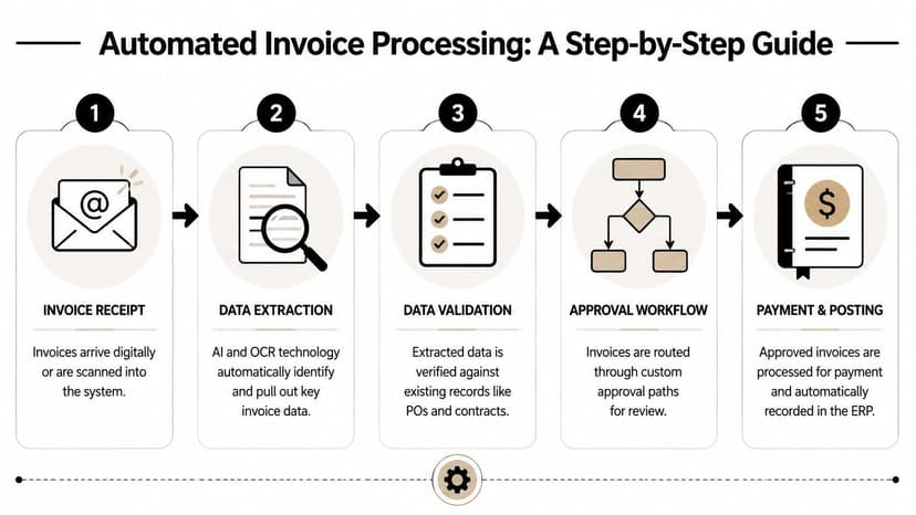 A five-step diagram illustrating the workflow of an automated invoice processing system from receipt to payment.