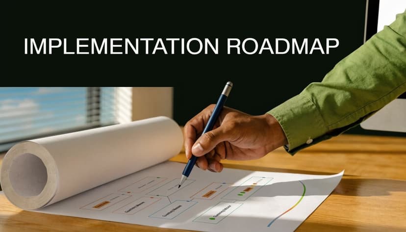 A professional reviewing an implementation roadmap diagram on paper with a pen at a wooden desk.