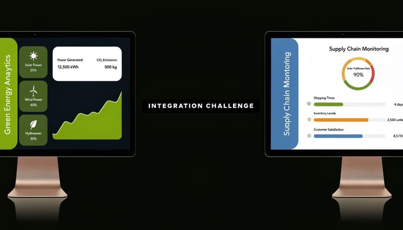 A digital illustration showing two computer monitors displaying green energy analytics and supply chain monitoring dashboards side-by-side.
