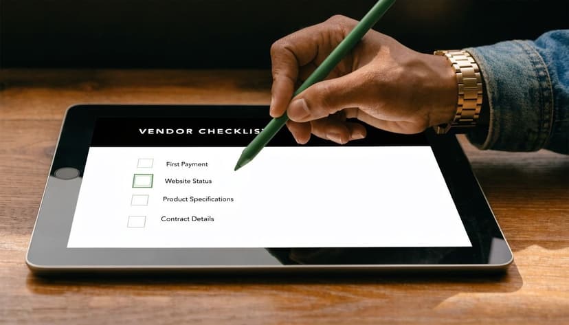 A hand holding a stylus interacting with a vendor checklist on a digital tablet screen.