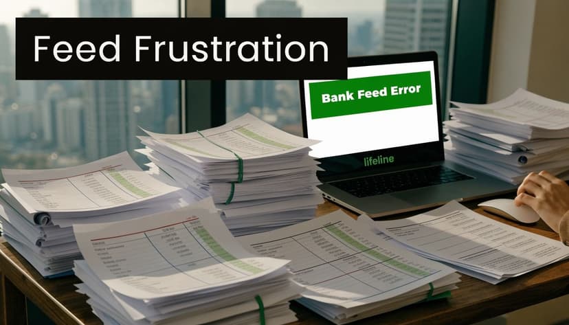A person frustrated with piles of paperwork while facing a bank feed error on a laptop screen.
