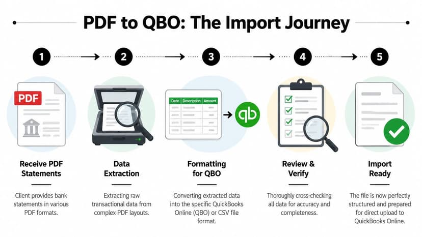 A five-step infographic showing the process of converting PDF bank statements into a format for QuickBooks Online.
