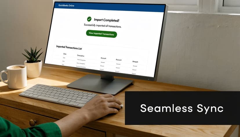 A person using a computer to view a QuickBooks Online import success screen for financial transactions.