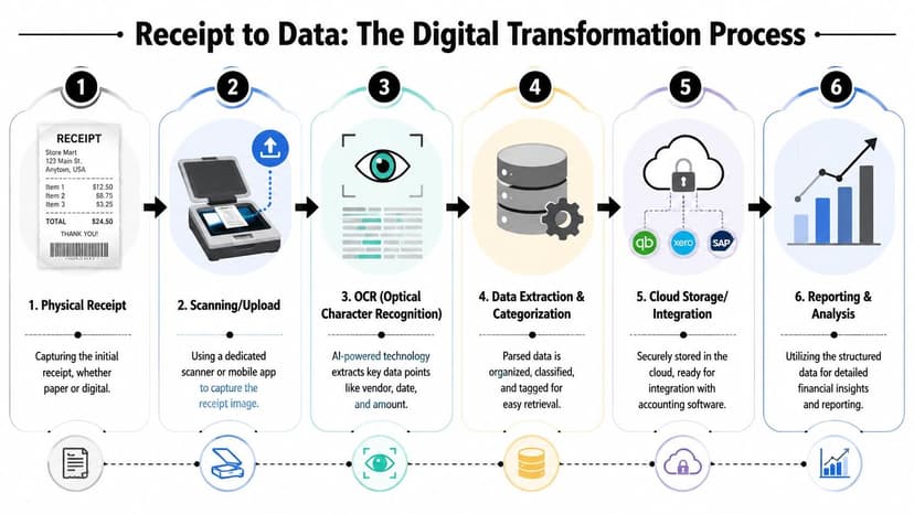 A six-step infographic illustrating the digital transformation process from a physical receipt to data analytics.