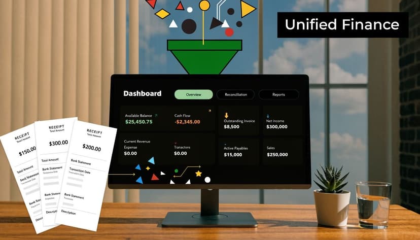 A digital financial dashboard on a monitor displays business data alongside paper receipts being processed into software.