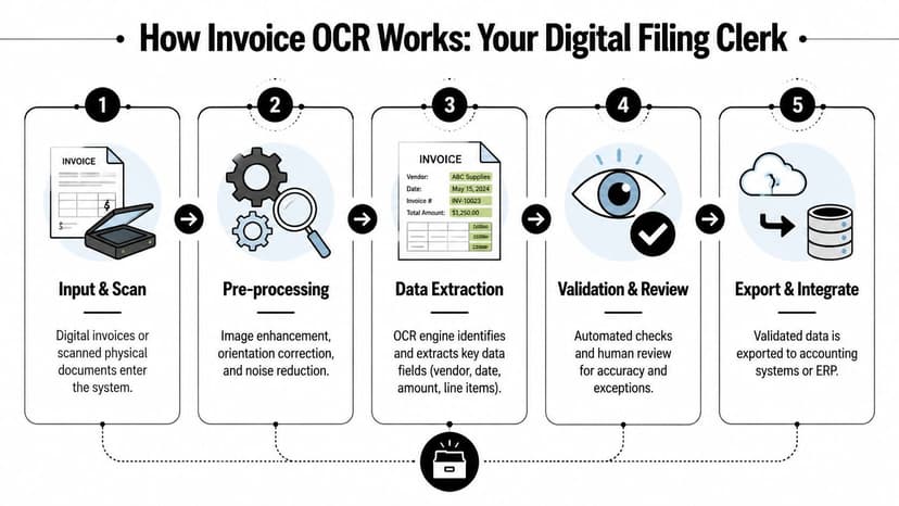 A five-step infographic showing how invoice OCR software processes and digitizes paper or digital documents.