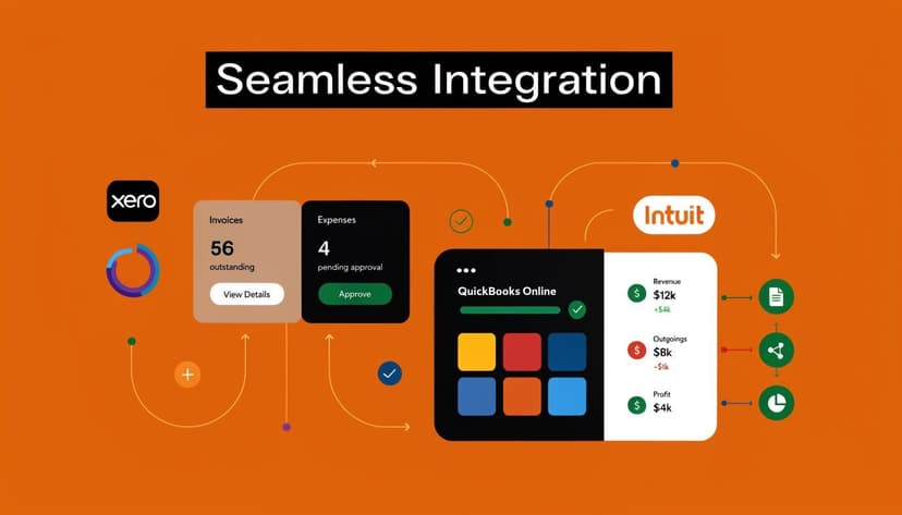 A digital graphic showing seamless data integration between Xero accounting software and QuickBooks Online platform.
