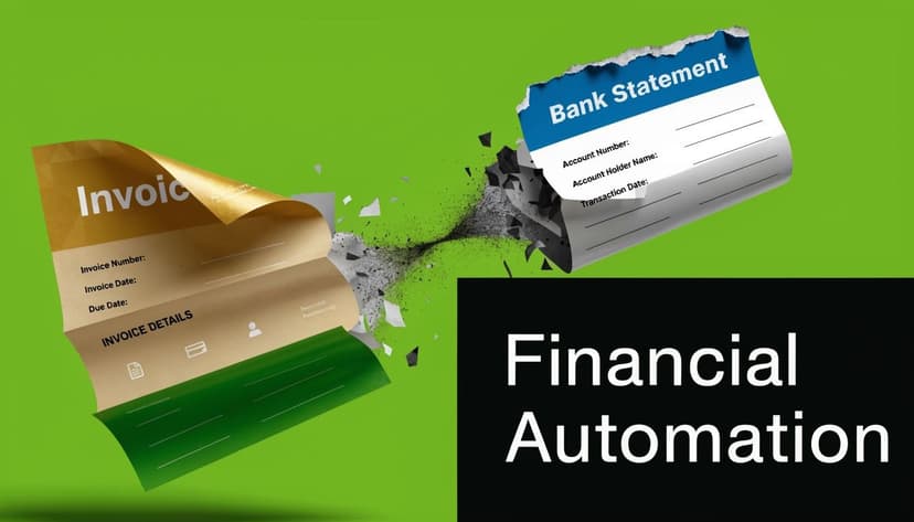 Conceptual image illustrating financial automation with a torn invoice and bank statement merging together.