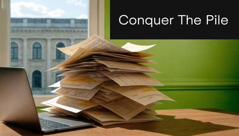 A tall stack of office papers on a desk next to a laptop with a window background.