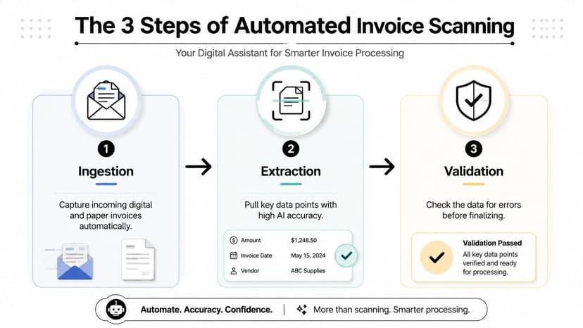 A diagram illustrating the three steps of automated invoice scanning: ingestion, extraction, and validation of data.