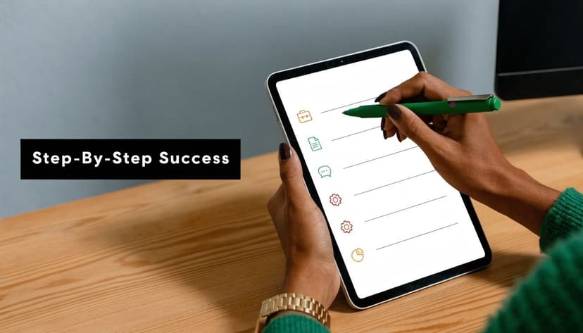 A person writing on a digital tablet with a checklist icon overlay representing business success planning.