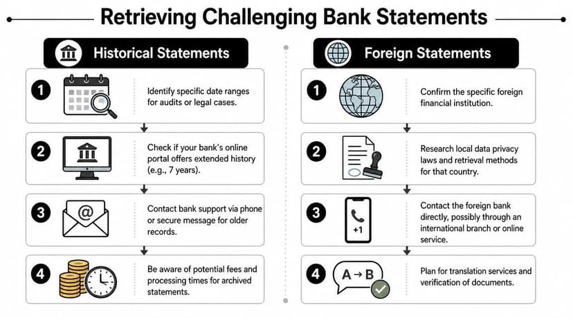 An infographic showing step-by-step guides for retrieving historical and foreign bank statements for legal use.