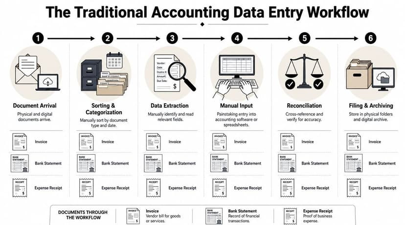 A diagram illustrating the six-step traditional manual accounting data entry workflow for business documents.