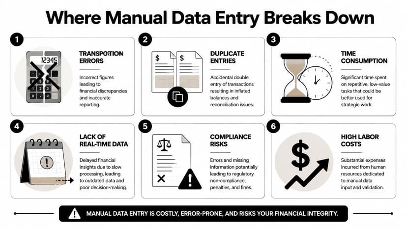 An infographic showing six key risks and inefficiencies caused by manual data entry in business processes.