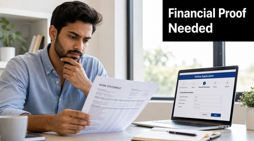 A man reviewing his bank statement while filling out an online financial application form on his laptop.