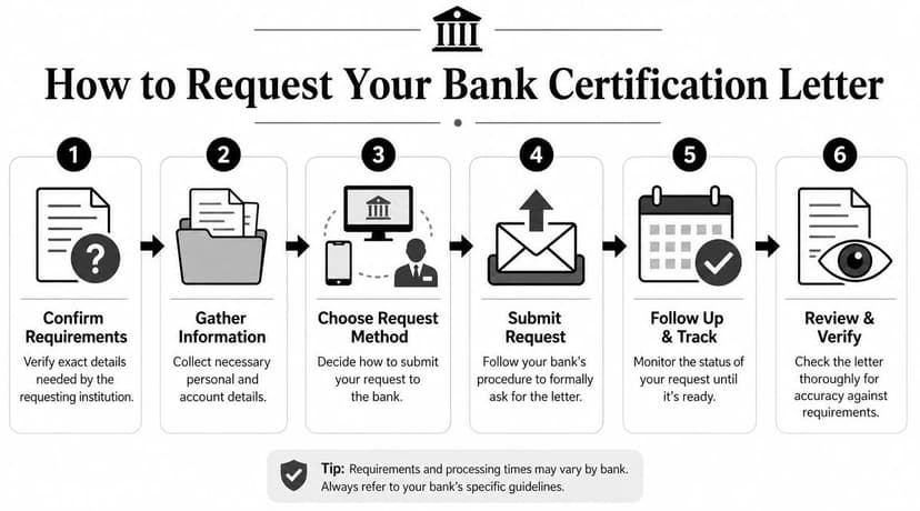A six-step infographic illustrating the professional process for requesting a bank certification letter from your financial institution.