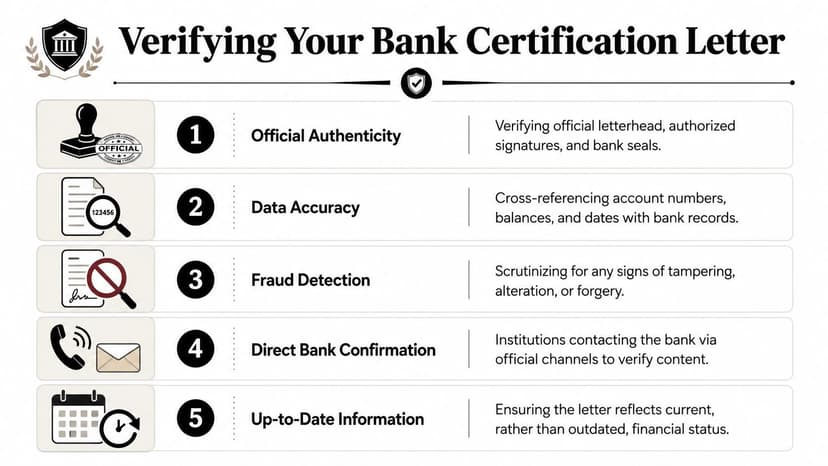 An infographic detailing five essential steps for verifying the authenticity and accuracy of a bank certification letter.