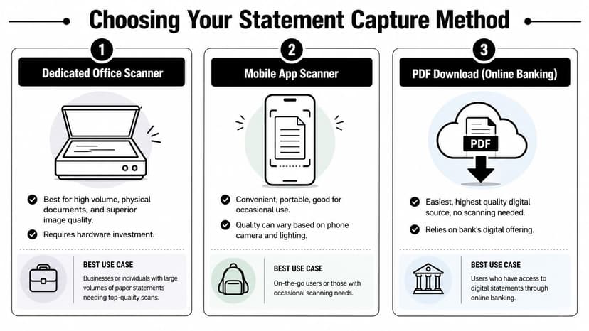 A comparison chart showing three methods for capturing financial statements: dedicated scanners, mobile apps, and online downloads.