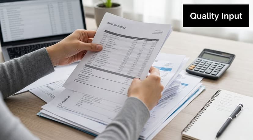 A person reviewing bank statements and financial invoices while working at a modern office desk.