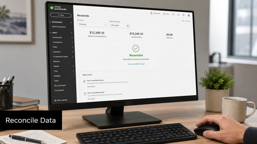 A computer screen showing the QuickBooks reconciliation page confirming that the checking account is successfully reconciled.