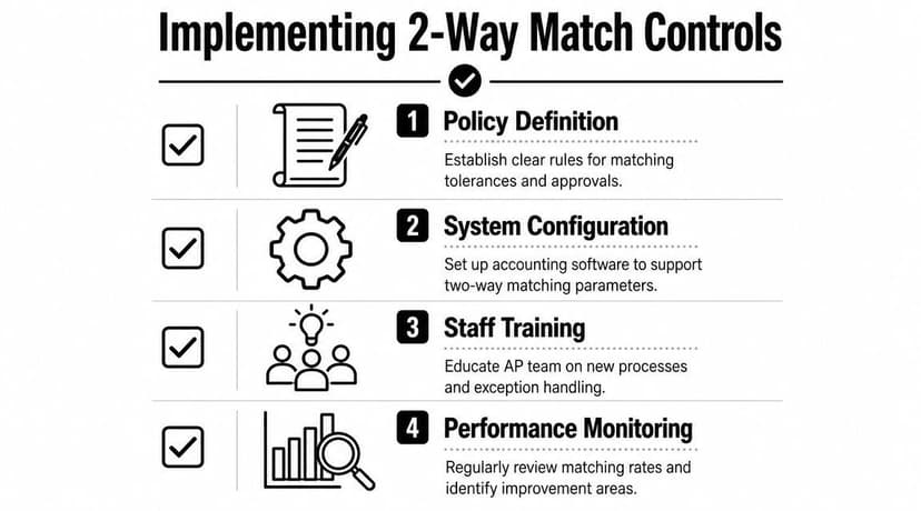 A four-step infographic showing how to implement 2-way match controls for efficient accounting processes.
