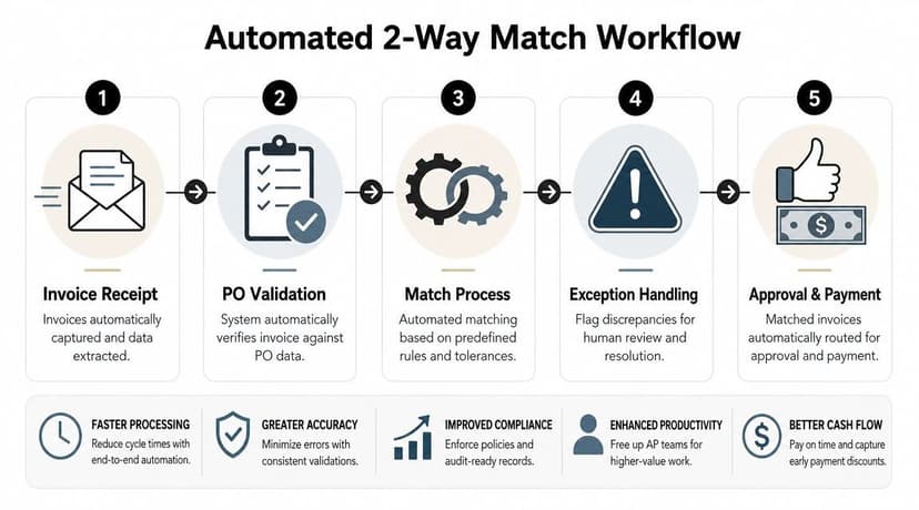 A diagram illustrating the five-step automated two-way match workflow for efficient invoice processing and payment.